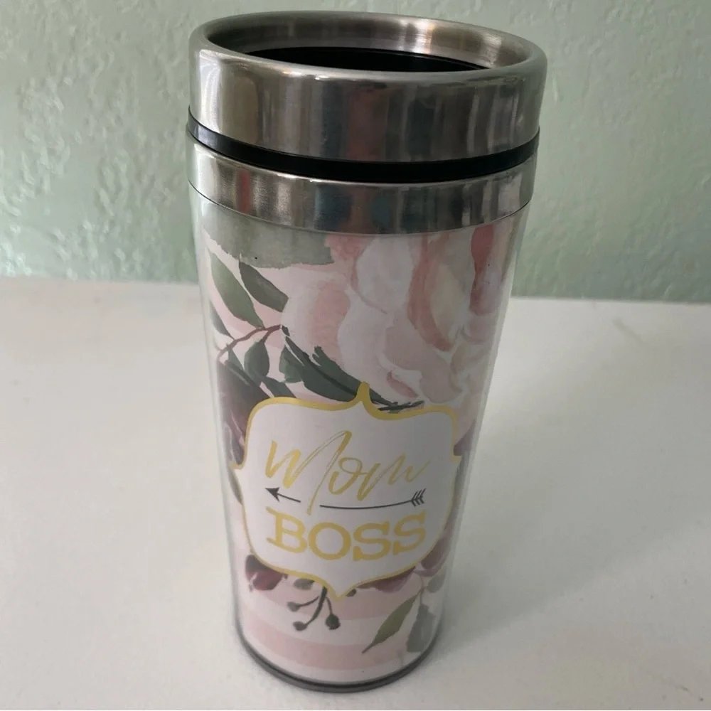 Mom Boss Travel Floral Coffee Mug Cup Plastic Metal Pink Moms Holiday Gift‎ Boho